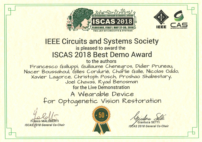 ISCAS 2018 Award for Best Live Demo Prophesee and GenSight win ISCAS 2018 Award for Best Live Demo